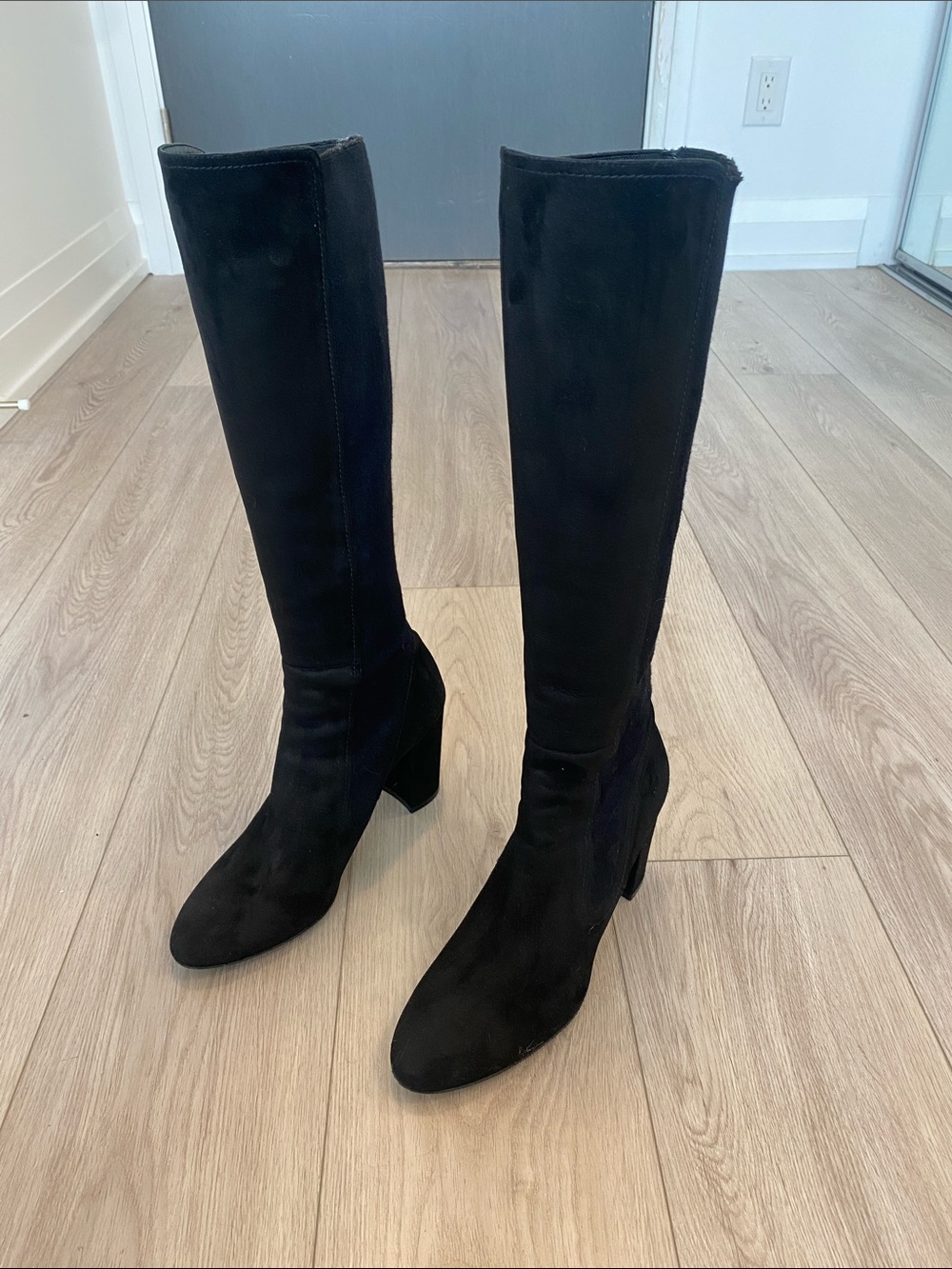 Stuart Weitzman Black Suede Knee-High Block Heel Boots